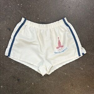 Olympics 1980 Authentc Vintage White Athletic Shorts with Navy Side Stripes